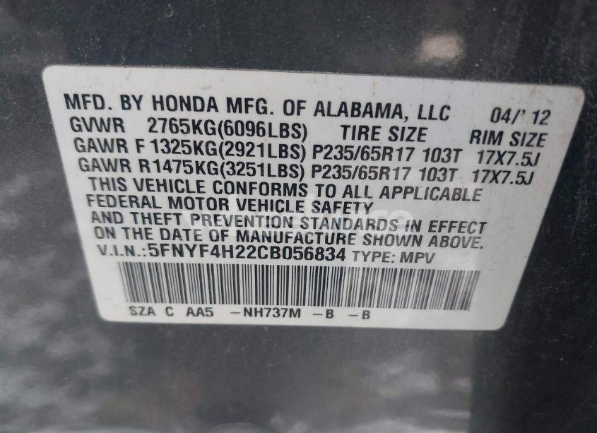 Photo 9 of 2012 Honda Pilot LX (VIN 5FNYF4H22CB056834)