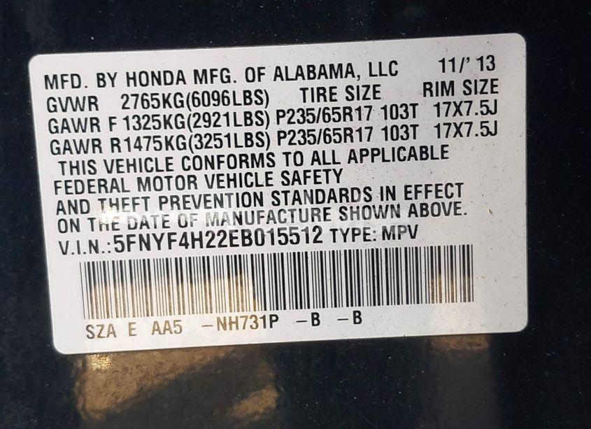 Photo 9 of 2014 Honda Pilot LX (VIN 5FNYF4H22EB015512)