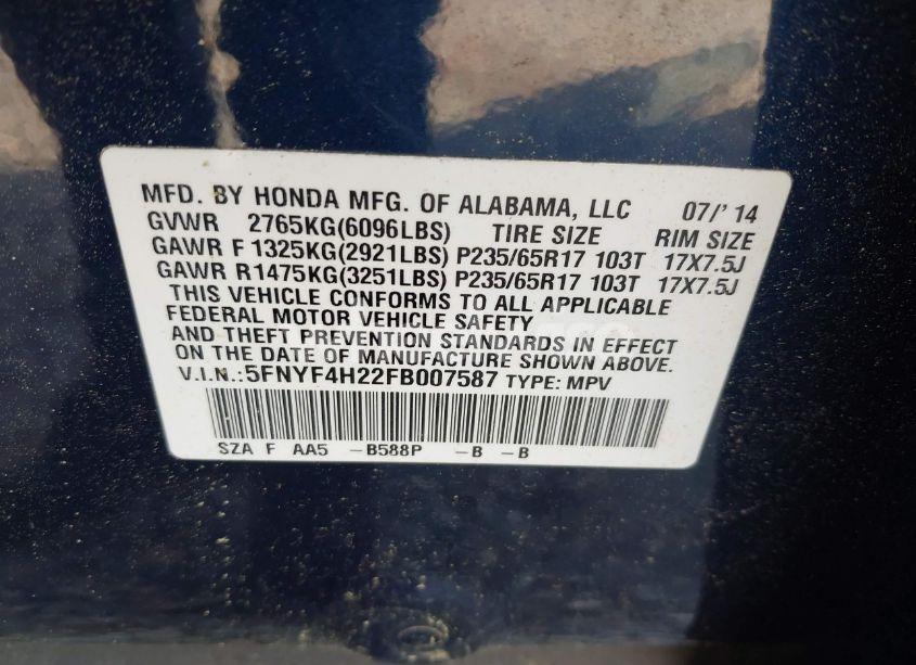 Photo 9 of 2015 Honda Pilot LX (VIN 5FNYF4H22FB007587)