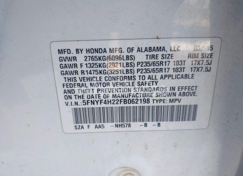 Photo 9 of 2015 Honda Pilot LX (VIN 5FNYF4H22FB062198)