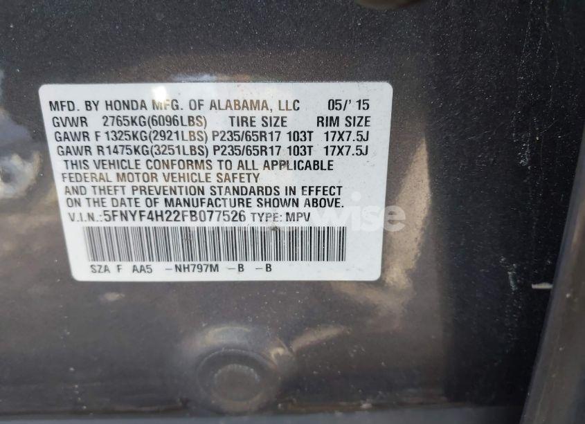 Photo 9 of 2015 Honda Pilot LX (VIN 5FNYF4H22FB077526)