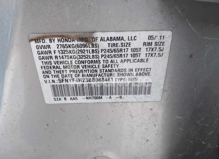 Photo 9 of 2011 Honda Pilot LX (VIN 5FNYF4H23BB088481)