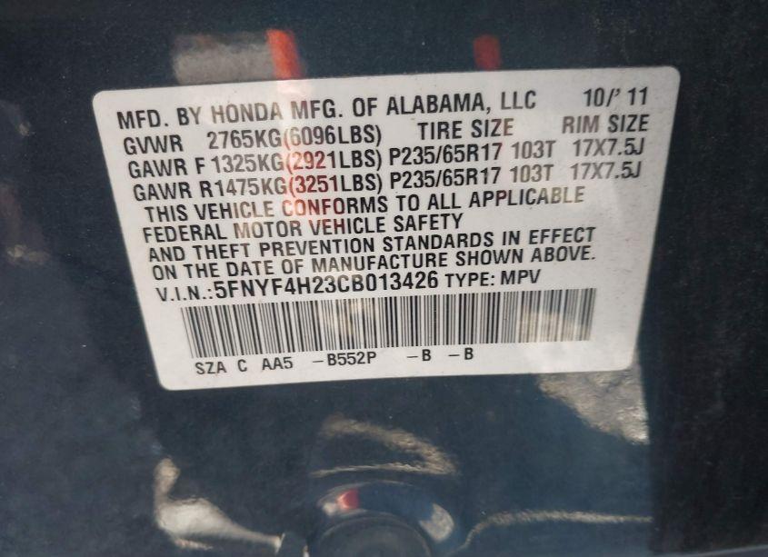 Photo 9 of 2012 Honda Pilot LX (VIN 5FNYF4H23CB013426)