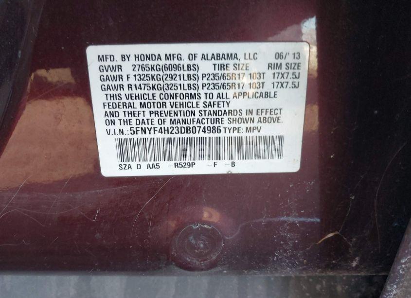 Photo 9 of 2013 Honda Pilot LX (VIN 5FNYF4H23DB074986)