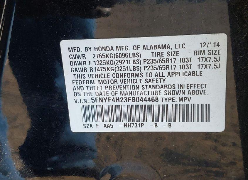 Photo 9 of 2015 Honda Pilot LX (VIN 5FNYF4H23FB044468)