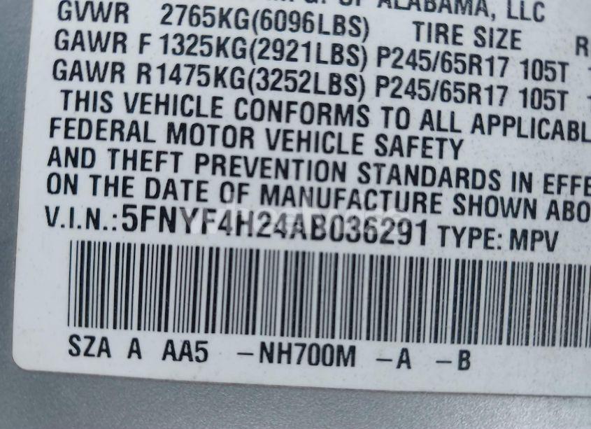 Photo 9 of 2010 Honda Pilot LX (VIN 5FNYF4H24AB036291)