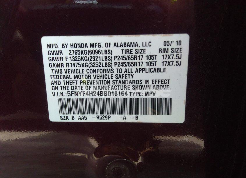 Photo 9 of 2011 Honda Pilot LX (VIN 5FNYF4H24BB018164)