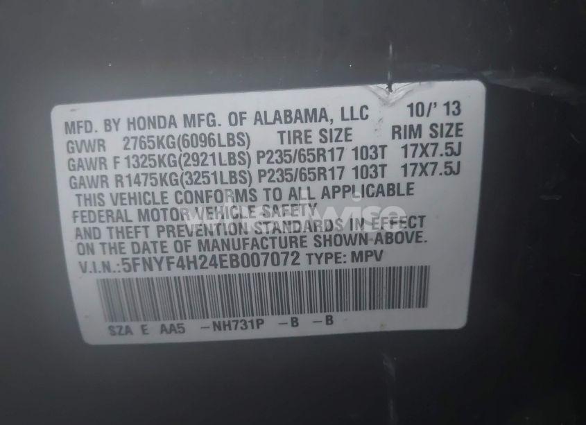 Photo 9 of 2014 Honda Pilot LX (VIN 5FNYF4H24EB007072)