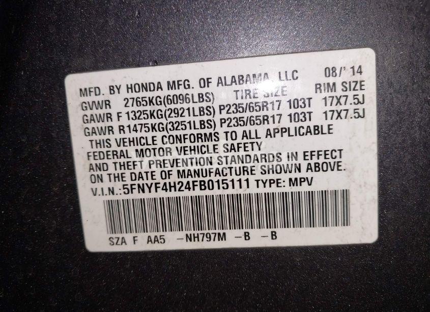 Photo 9 of 2015 Honda Pilot LX (VIN 5FNYF4H24FB015111)