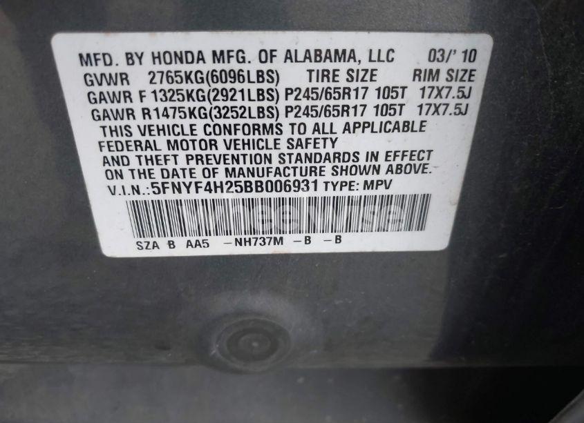 Photo 9 of 2011 Honda Pilot LX (VIN 5FNYF4H25BB006931)