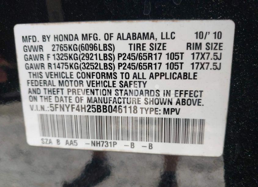 Photo 9 of 2011 Honda Pilot LX (VIN 5FNYF4H25BB046118)
