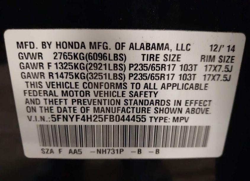 Photo 9 of 2015 Honda Pilot LX (VIN 5FNYF4H25FB044455)