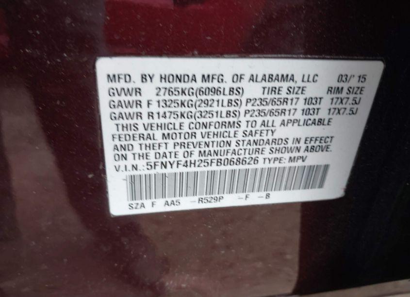 Photo 9 of 2015 Honda Pilot LX (VIN 5FNYF4H25FB068626)