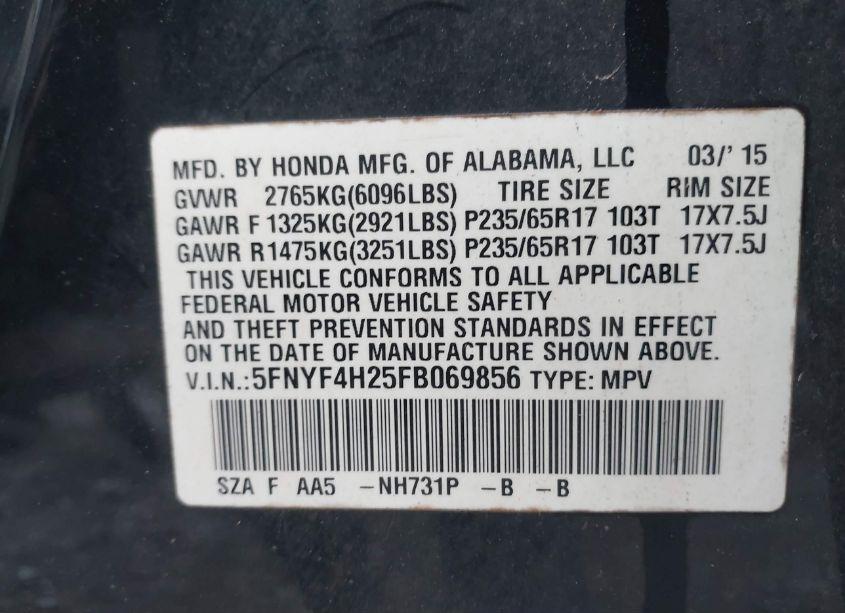 Photo 9 of 2015 Honda Pilot LX (VIN 5FNYF4H25FB069856)