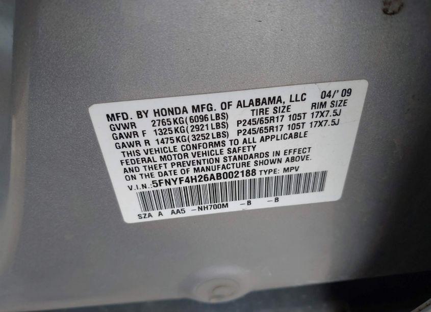 Photo 9 of 2010 Honda Pilot LX (VIN 5FNYF4H26AB002188)