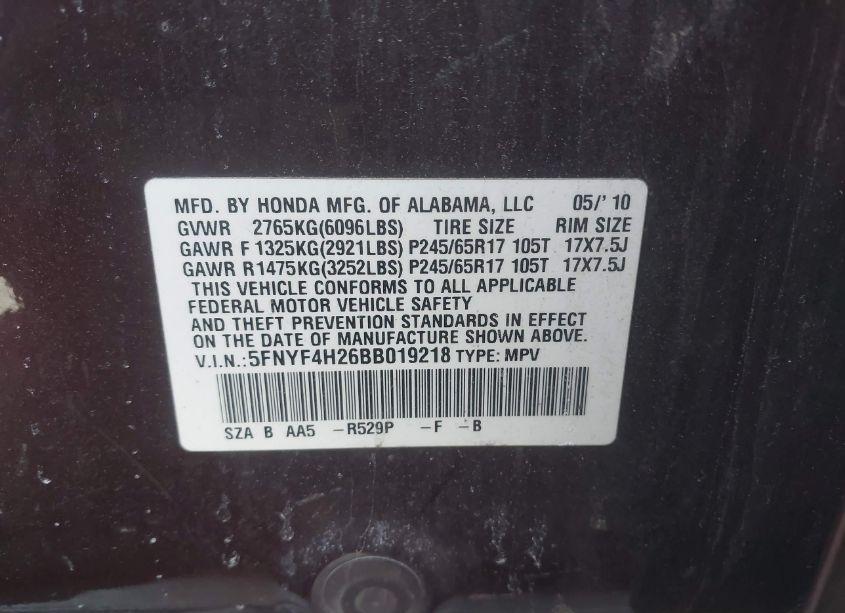 Photo 9 of 2011 Honda Pilot LX (VIN 5FNYF4H26BB019218)
