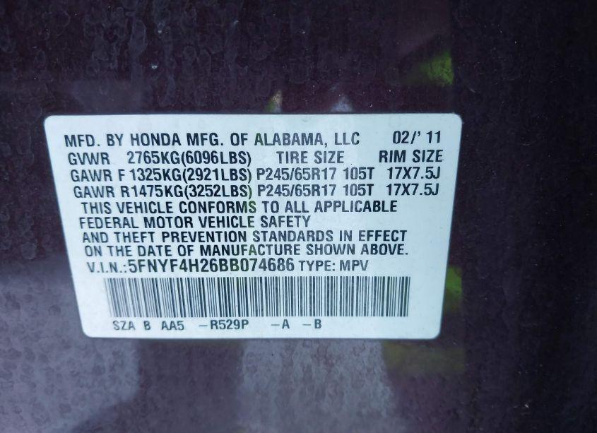Photo 9 of 2011 Honda Pilot LX (VIN 5FNYF4H26BB074686)