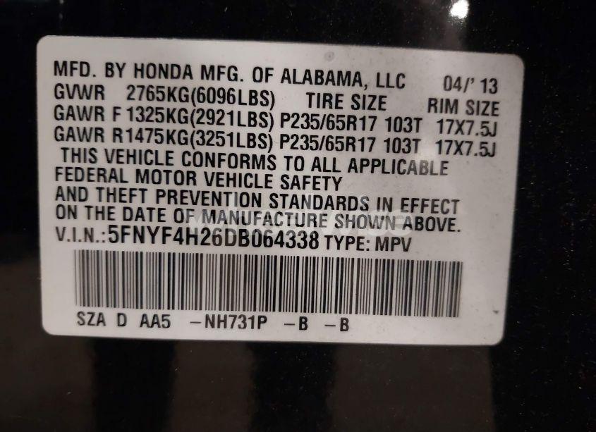 Photo 9 of 2013 Honda Pilot LX (VIN 5FNYF4H26DB064338)