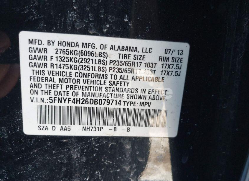 Photo 9 of 2013 Honda Pilot LX (VIN 5FNYF4H26DB079714)