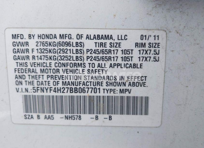 Photo 9 of 2011 Honda Pilot LX (VIN 5FNYF4H27BB067701)