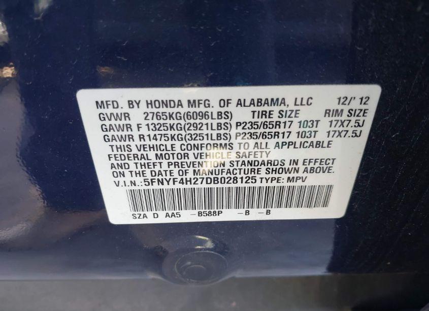 Photo 9 of 2013 Honda Pilot LX (VIN 5FNYF4H27DB028125)