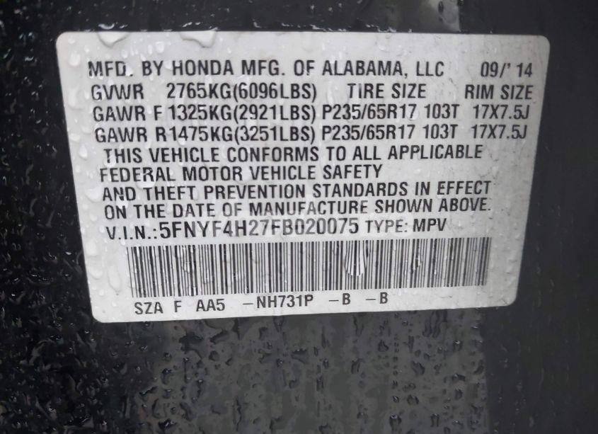 Photo 9 of 2015 Honda Pilot LX (VIN 5FNYF4H27FB020075)