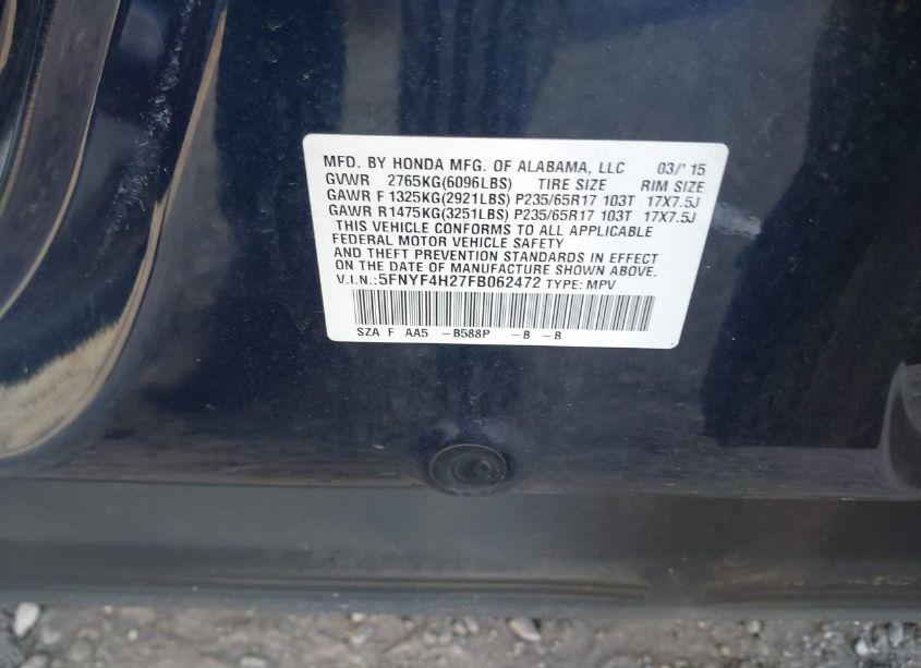 Photo 9 of 2015 Honda Pilot LX (VIN 5FNYF4H27FB062472)