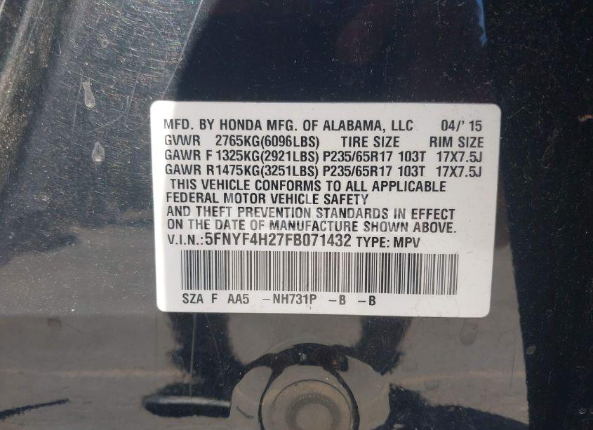 Photo 9 of 2015 Honda Pilot LX (VIN 5FNYF4H27FB071432)