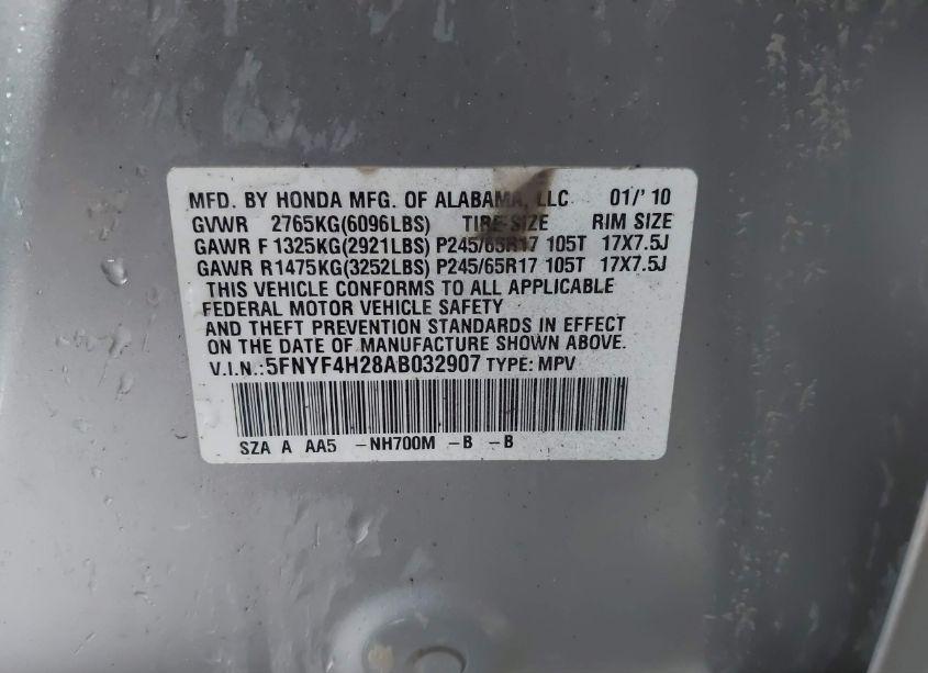 Photo 9 of 2010 Honda Pilot LX (VIN 5FNYF4H28AB032907)