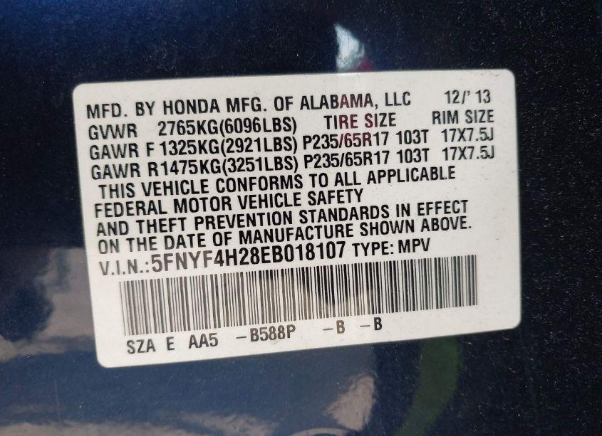 Photo 9 of 2014 Honda Pilot LX (VIN 5FNYF4H28EB018107)