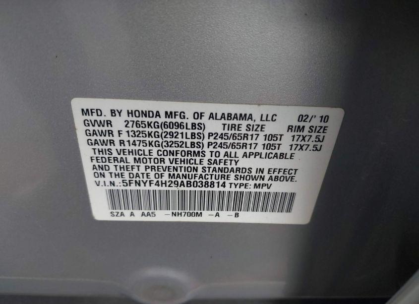 Photo 9 of 2010 Honda Pilot LX (VIN 5FNYF4H29AB038814)