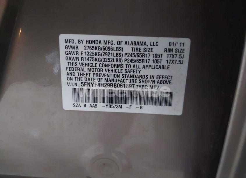 Photo 9 of 2011 Honda Pilot LX (VIN 5FNYF4H29BB061897)