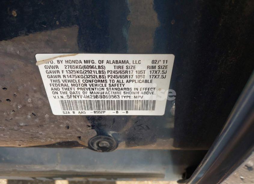 Photo 9 of 2011 Honda Pilot LX (VIN 5FNYF4H29BB069563)