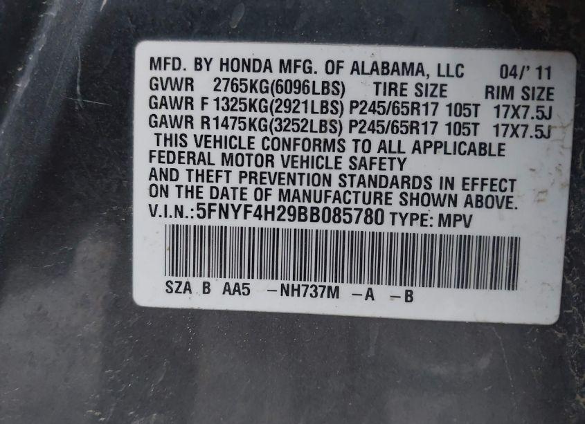 Photo 9 of 2011 Honda Pilot LX (VIN 5FNYF4H29BB085780)