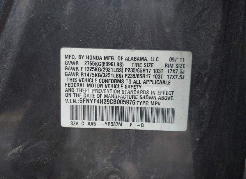 Photo 9 of 2012 Honda Pilot LX (VIN 5FNYF4H29CB005976)