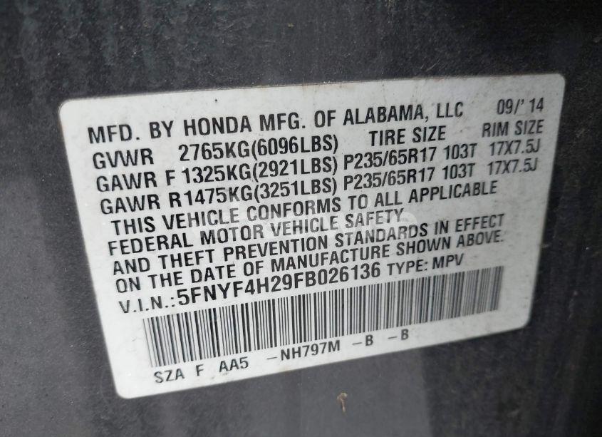 Photo 9 of 2015 Honda Pilot LX (VIN 5FNYF4H29FB026136)