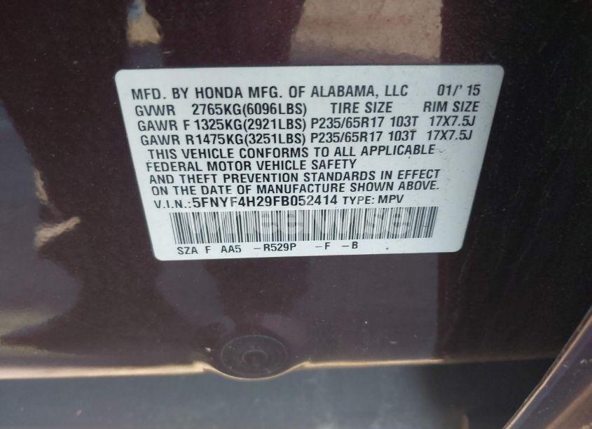 Photo 9 of 2015 Honda Pilot LX (VIN 5FNYF4H29FB052414)
