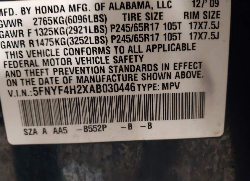 Photo 9 of 2010 Honda Pilot LX (VIN 5FNYF4H2XAB030446)