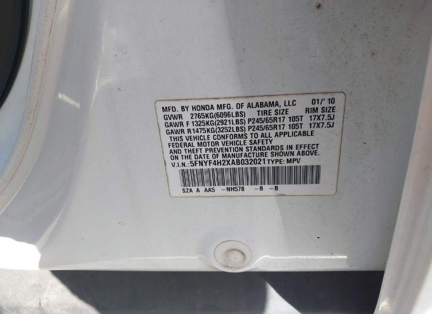 Photo 9 of 2010 Honda Pilot LX (VIN 5FNYF4H2XAB032021)