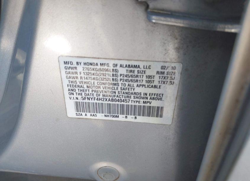 Photo 9 of 2010 Honda Pilot LX (VIN 5FNYF4H2XAB040457)