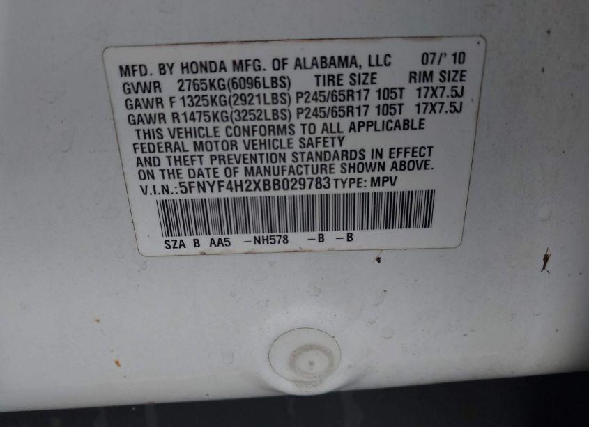 Photo 9 of 2011 Honda Pilot LX (VIN 5FNYF4H2XBB029783)