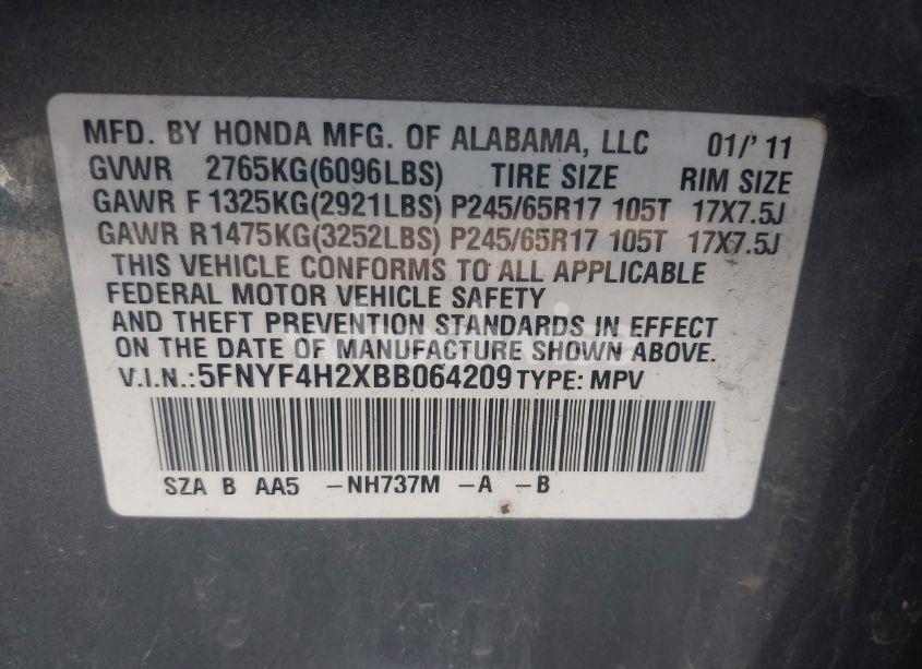 Photo 9 of 2011 Honda Pilot LX (VIN 5FNYF4H2XBB064209)