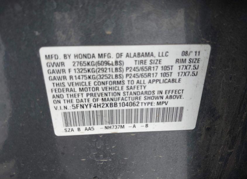 Photo 9 of 2011 Honda Pilot LX (VIN 5FNYF4H2XBB104062)