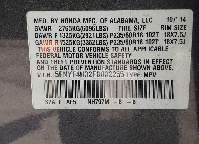 Photo 9 of 2015 Honda Pilot SE (VIN 5FNYF4H32FB032255)