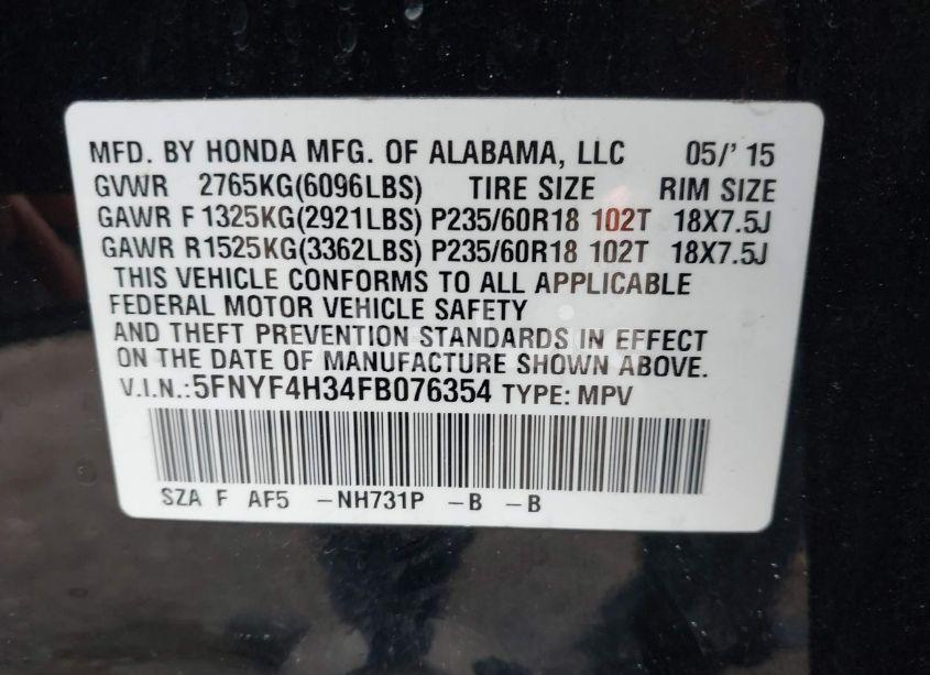 Photo 9 of 2015 Honda Pilot SE (VIN 5FNYF4H34FB076354)