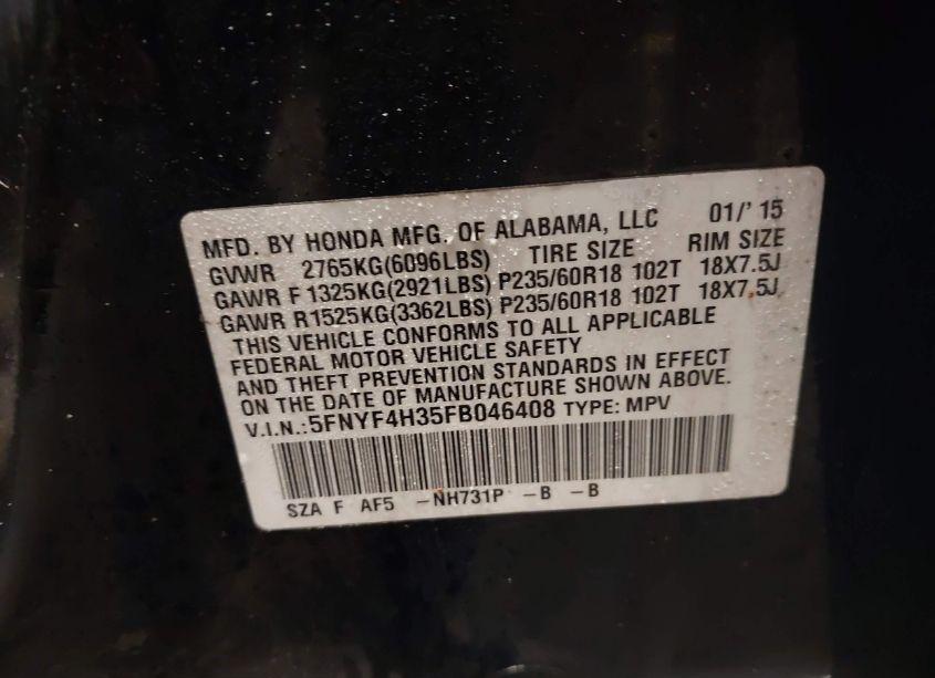 Photo 9 of 2015 Honda Pilot SE (VIN 5FNYF4H35FB046408)