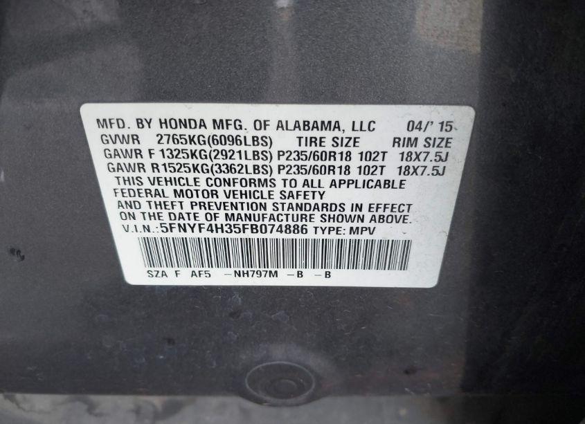 Photo 9 of 2015 Honda Pilot SE (VIN 5FNYF4H35FB074886)