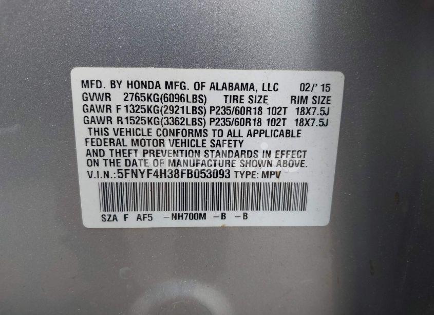 Photo 9 of 2015 Honda Pilot SE (VIN 5FNYF4H38FB053093)