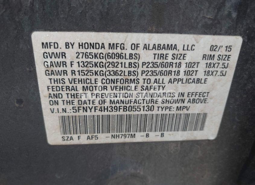 Photo 9 of 2015 Honda Pilot SE (VIN 5FNYF4H39FB055130)