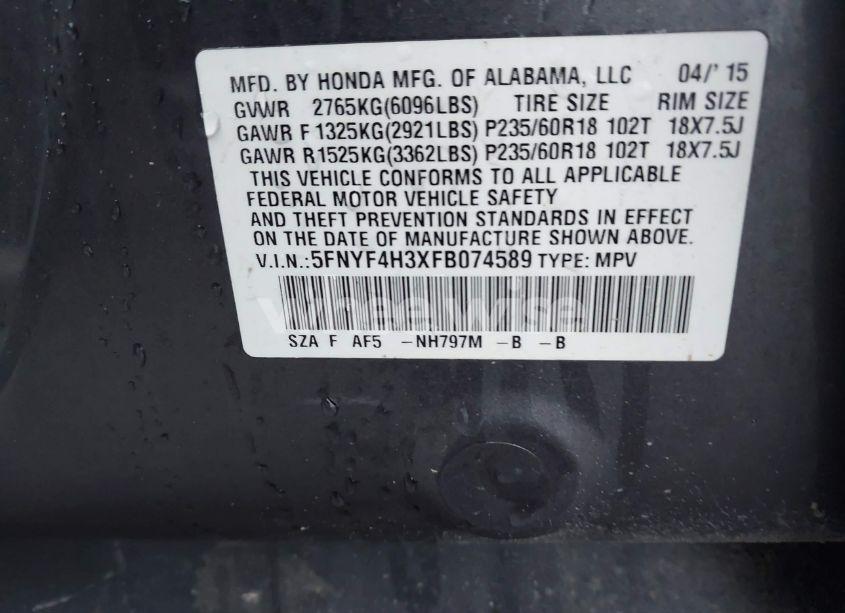 Photo 9 of 2015 Honda Pilot SE (VIN 5FNYF4H3XFB074589)